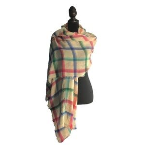Talbots Cream Multi Color Checkered Plaid 100% Wool Scarf Shall Large